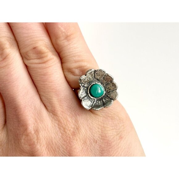Sleeping Beauty Turquoise Petaled Sterling Floral Southwest Vintage Ring - sz 5 - Picture 5 of 10